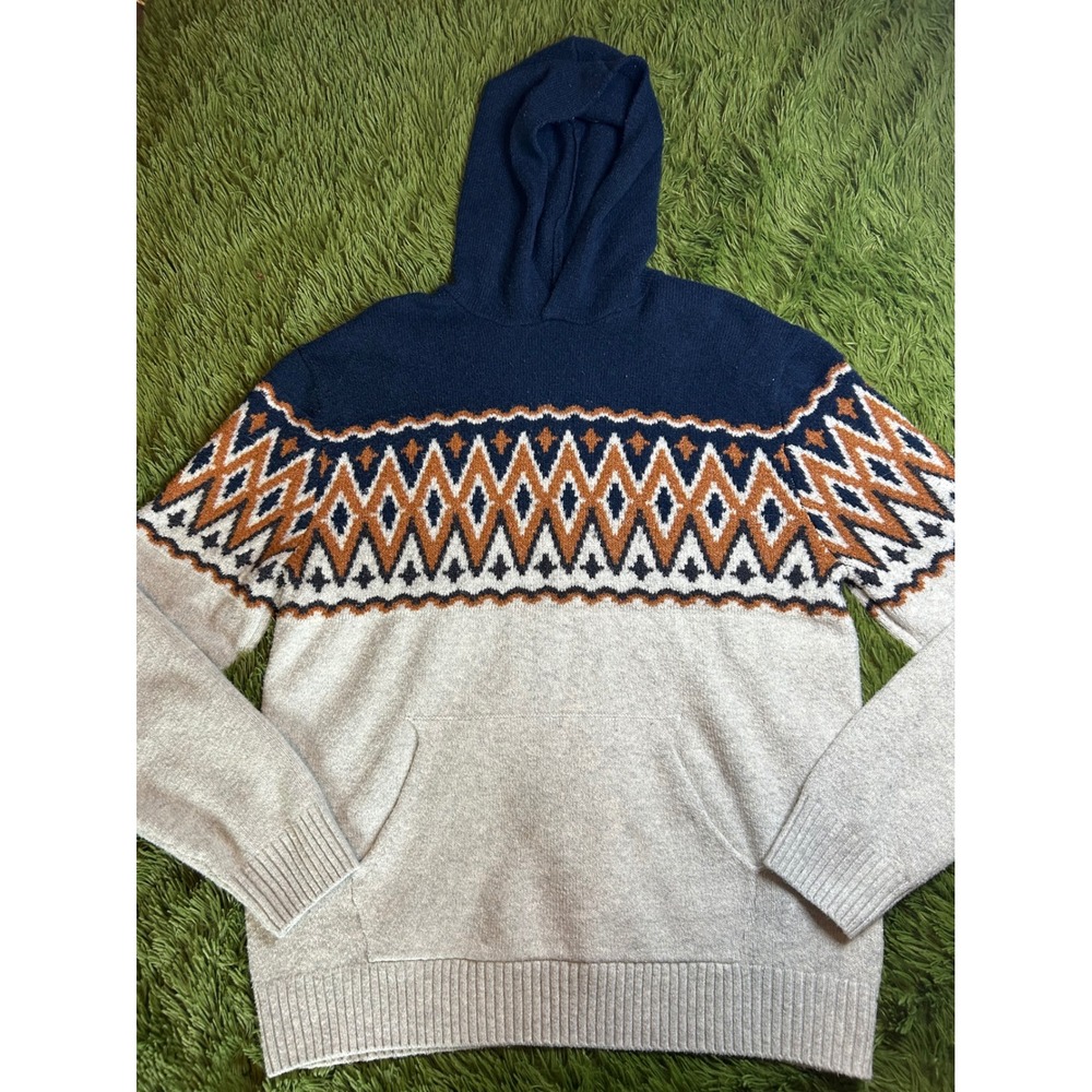 Old Navy Sweater Hoodie Men Med Blue Gray Go Recycled Fair Isle Geometric Knit M
